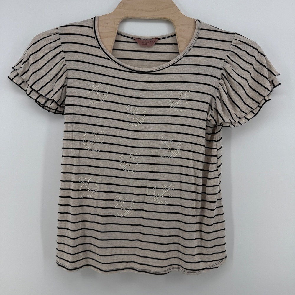 St. Justine Petite M Striped Rhinestone Anchor Flutter Sleeve Top
